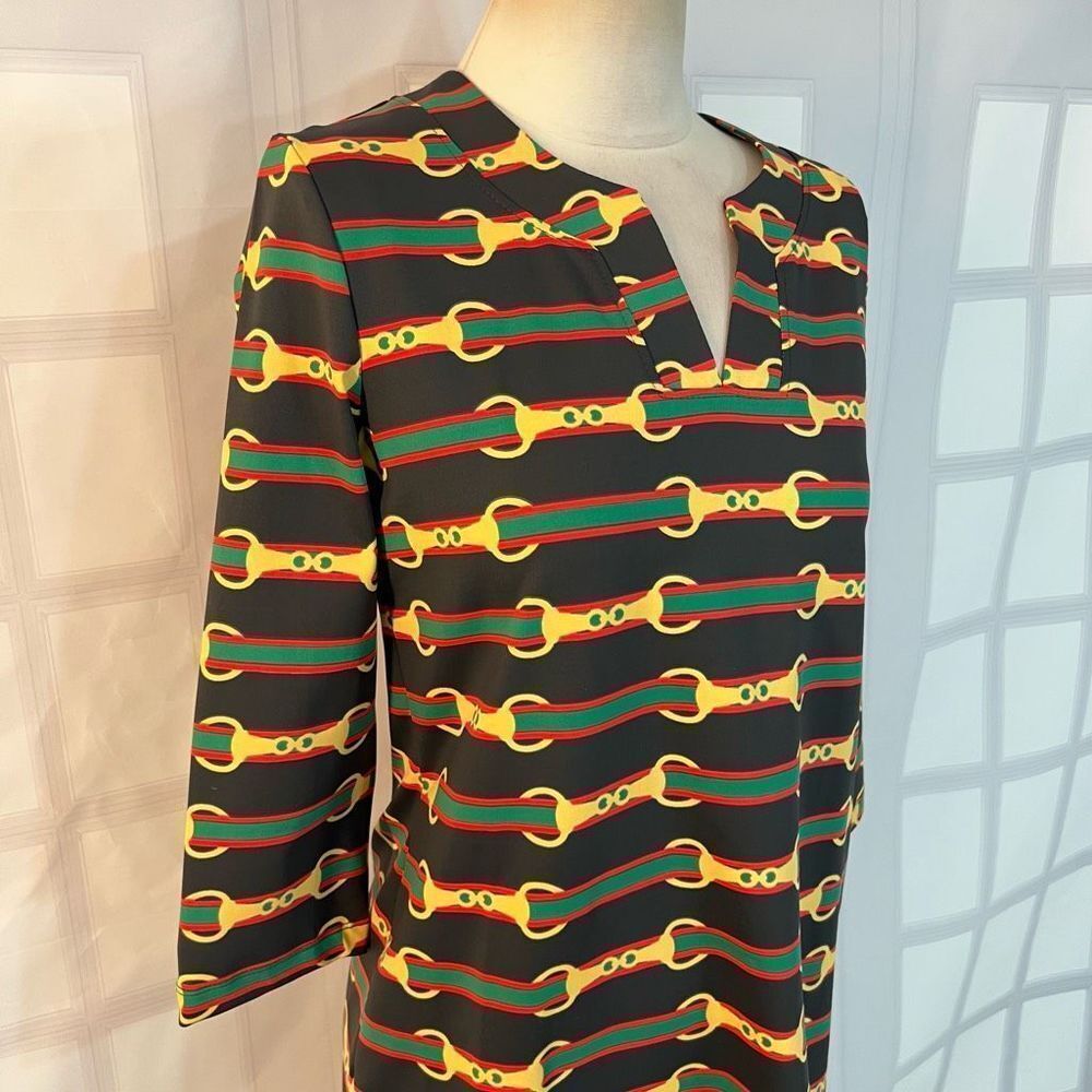 Sailor-Sailor black 3/4 sleeve red green striped chain print shift dress size sm - Picture 2 of 9